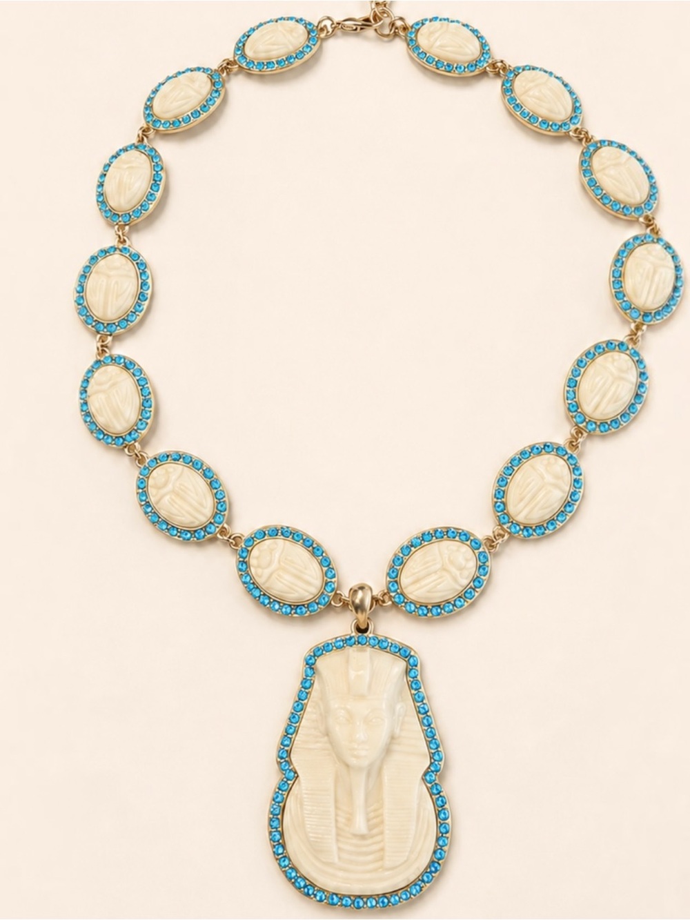 King Tut Gold-Tone Ivory Egyptian Scarab Pendant Necklace Aqua blue (KFITZ)
